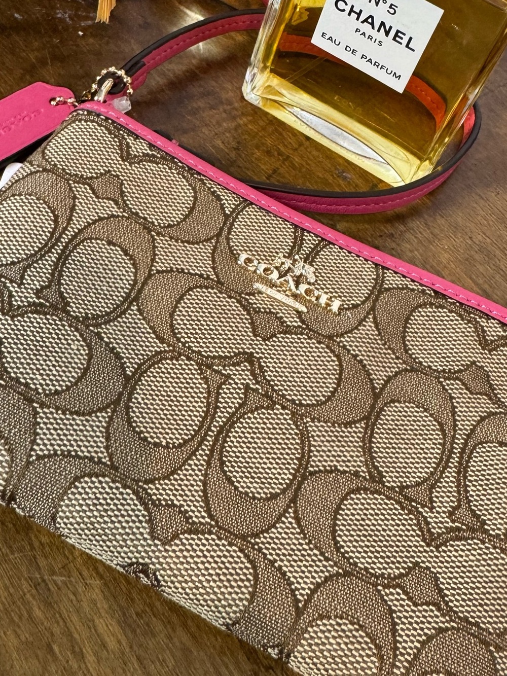 Coach Brown Signature Wristlet with Pink Trim and Strap